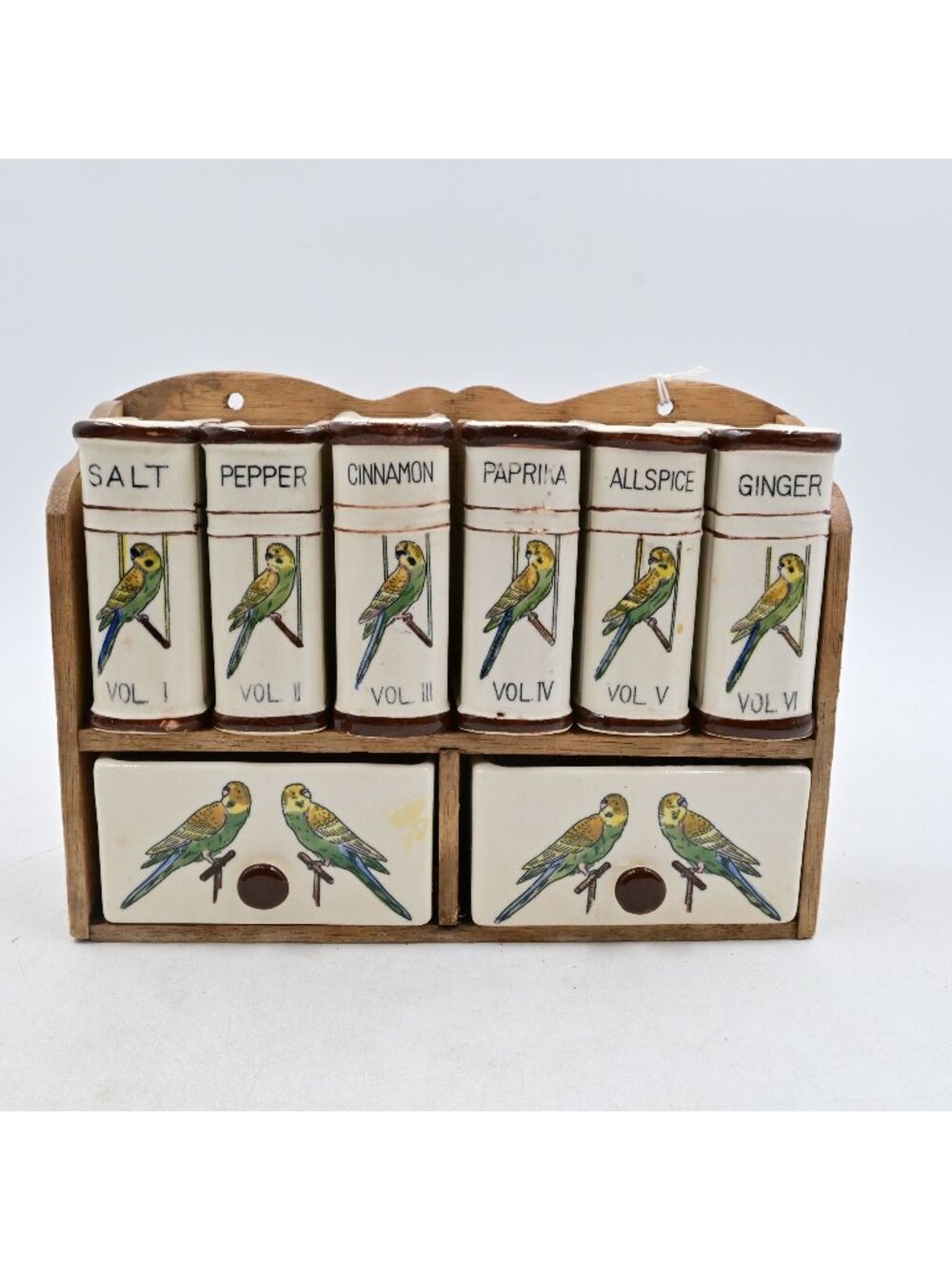 Fred Roberts Bird Spice Rack Set Of 8 W/ Wooden Rack